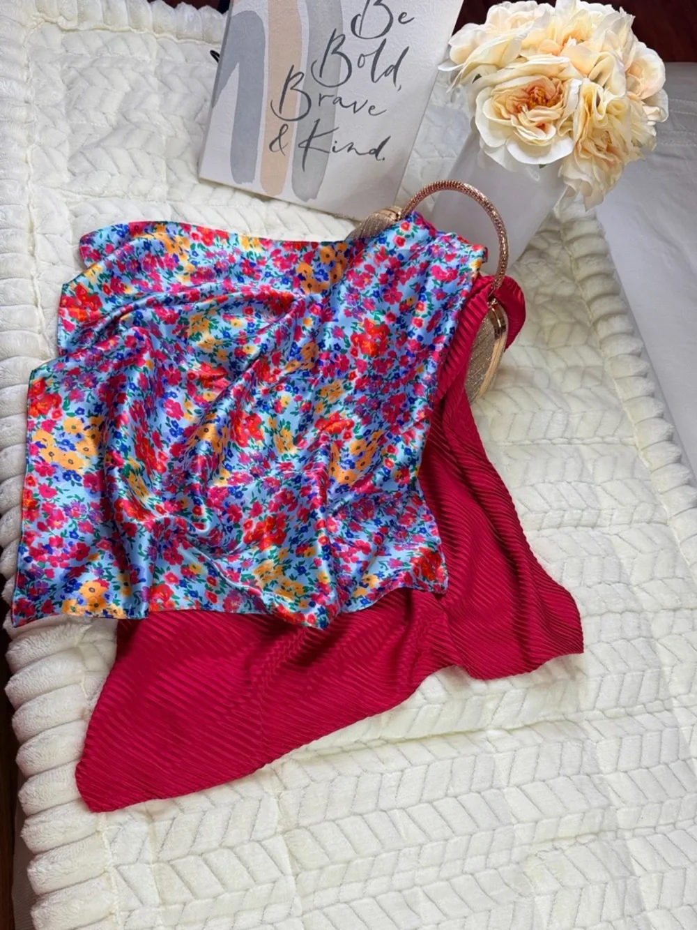 Elegant Bright Floral & Ruby Red Silk Scarves - Double Pack - Picture 2 of 14